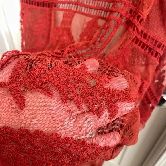 Lace Red Rust Oversized Duster Kimono One Size Fits All - Picture 6 of 8